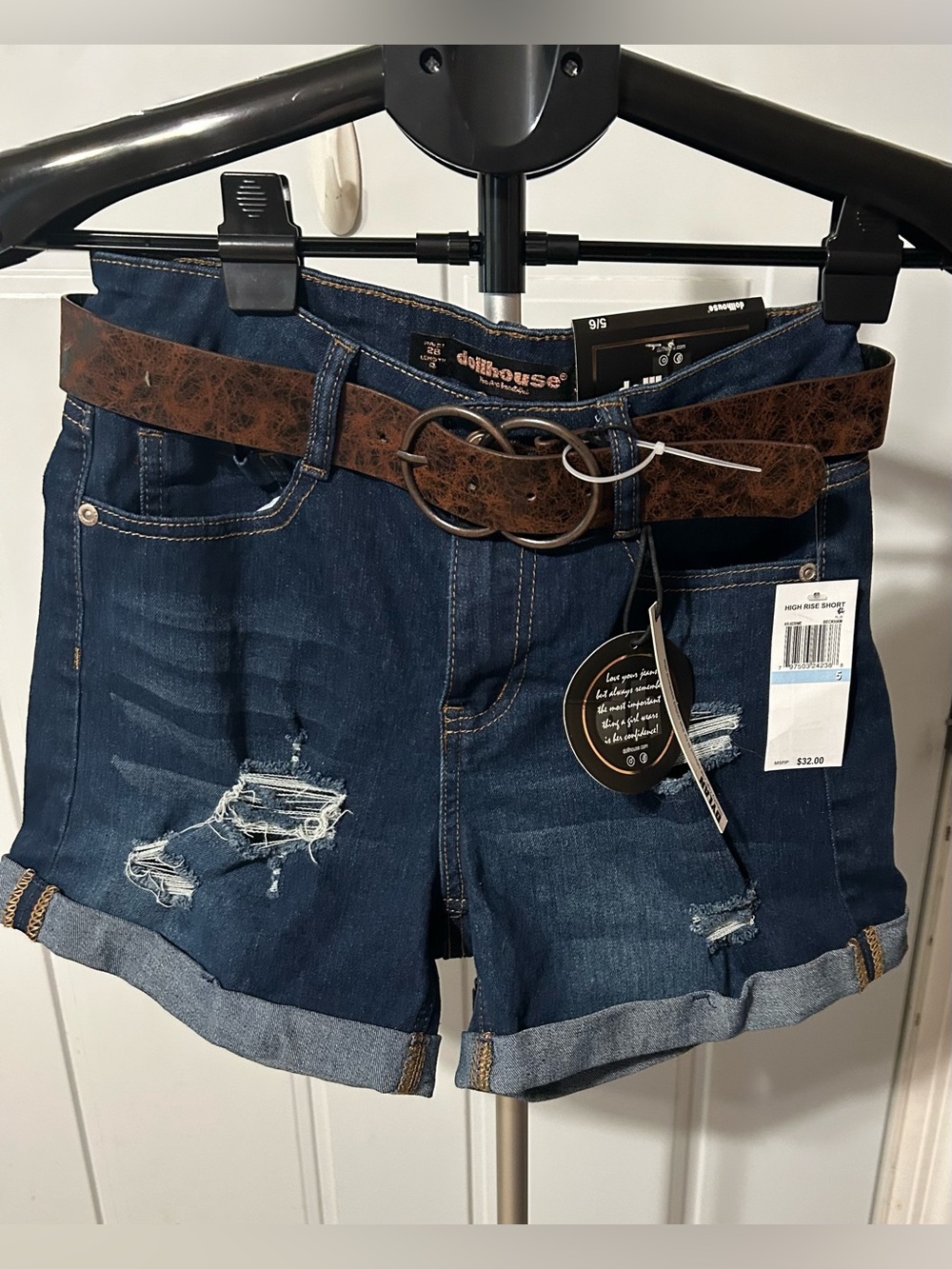 Dollhouse Dark Blue Distressed Denim Shorts with Brown Belt